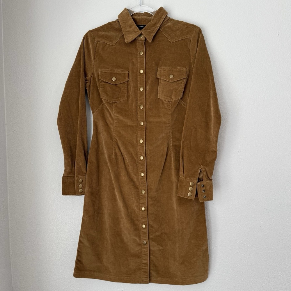 Vintage 1990's Moda Intl Brown Corduroy Dress Button Up Pockets Size 6 Prairie